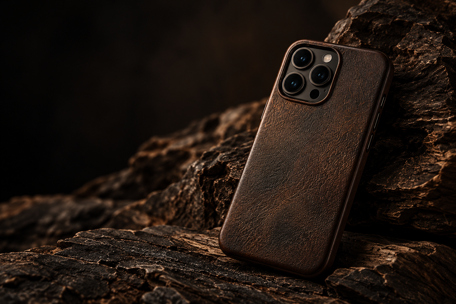 A textured brown case against a dark natural surface.