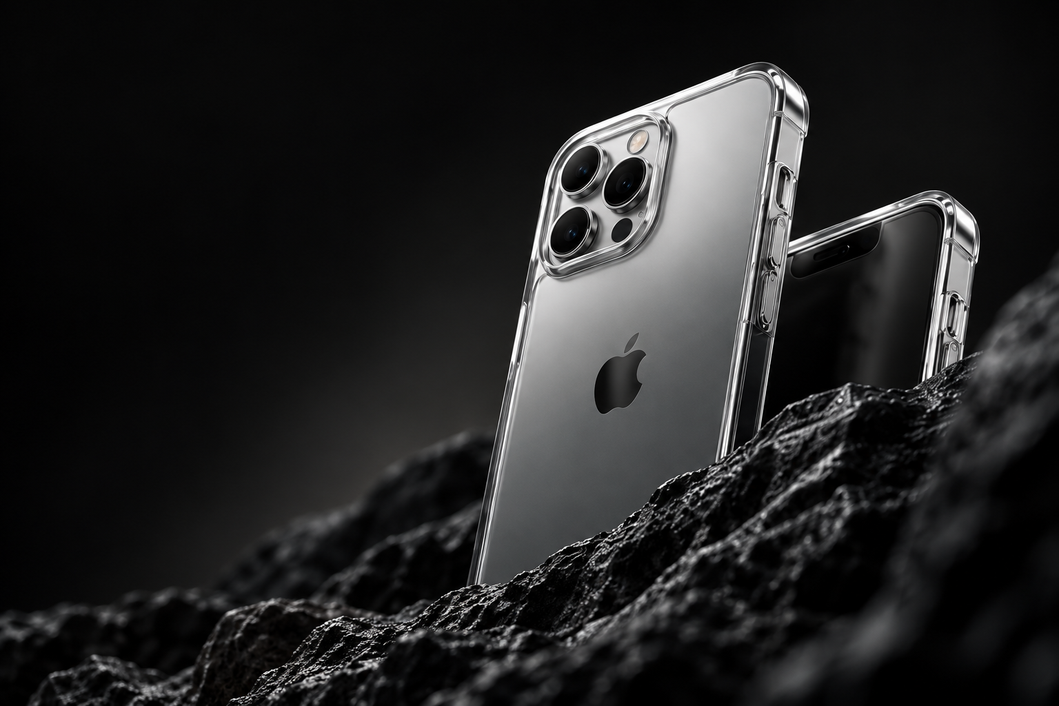 Clear Crystal case set against dark stone.