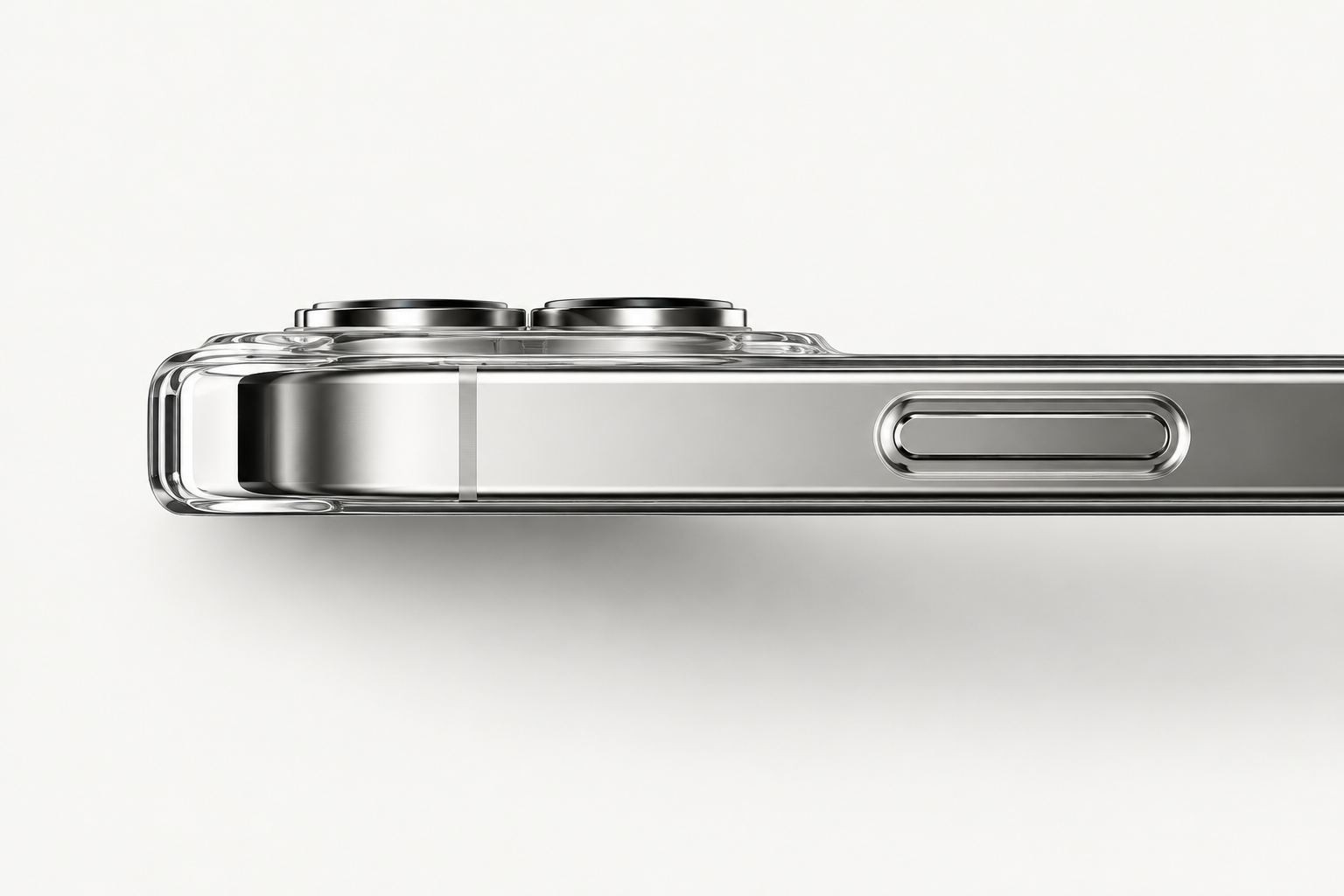 A close side-on study of a clear case, its silver edge and camera surround.