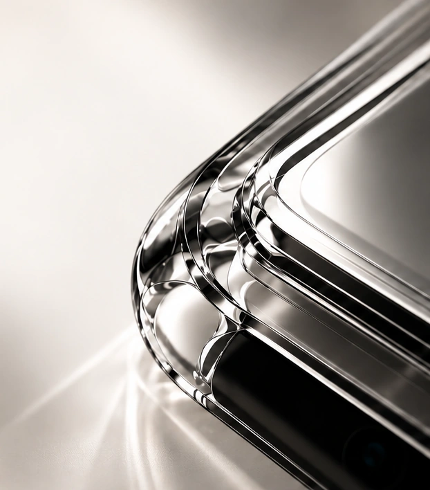 The sculpted transparent corner of a Crystal case in soft light.