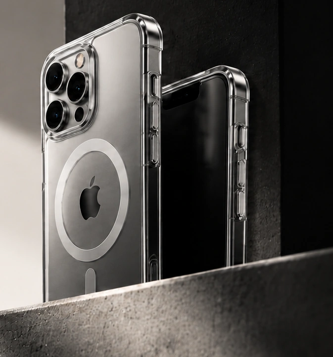 Two transparent MagSafe-cased iPhones set against architectural stone.
