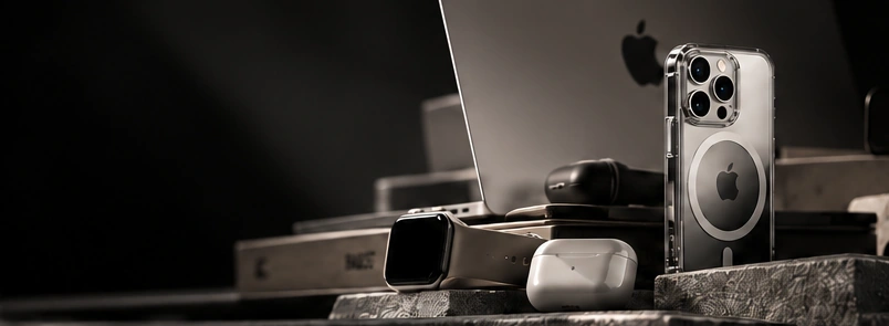 A clear-cased iPhone, watch and earbuds with a laptop on dark stone.