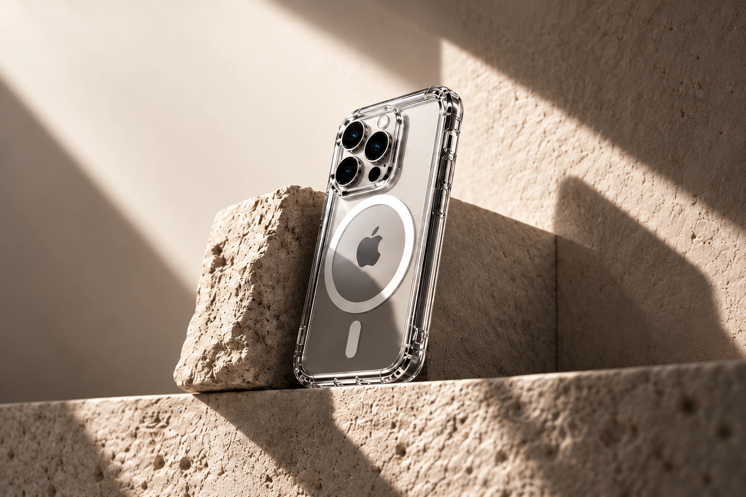 A complete transparent MagSafe case leaning against sunlit architectural stone.